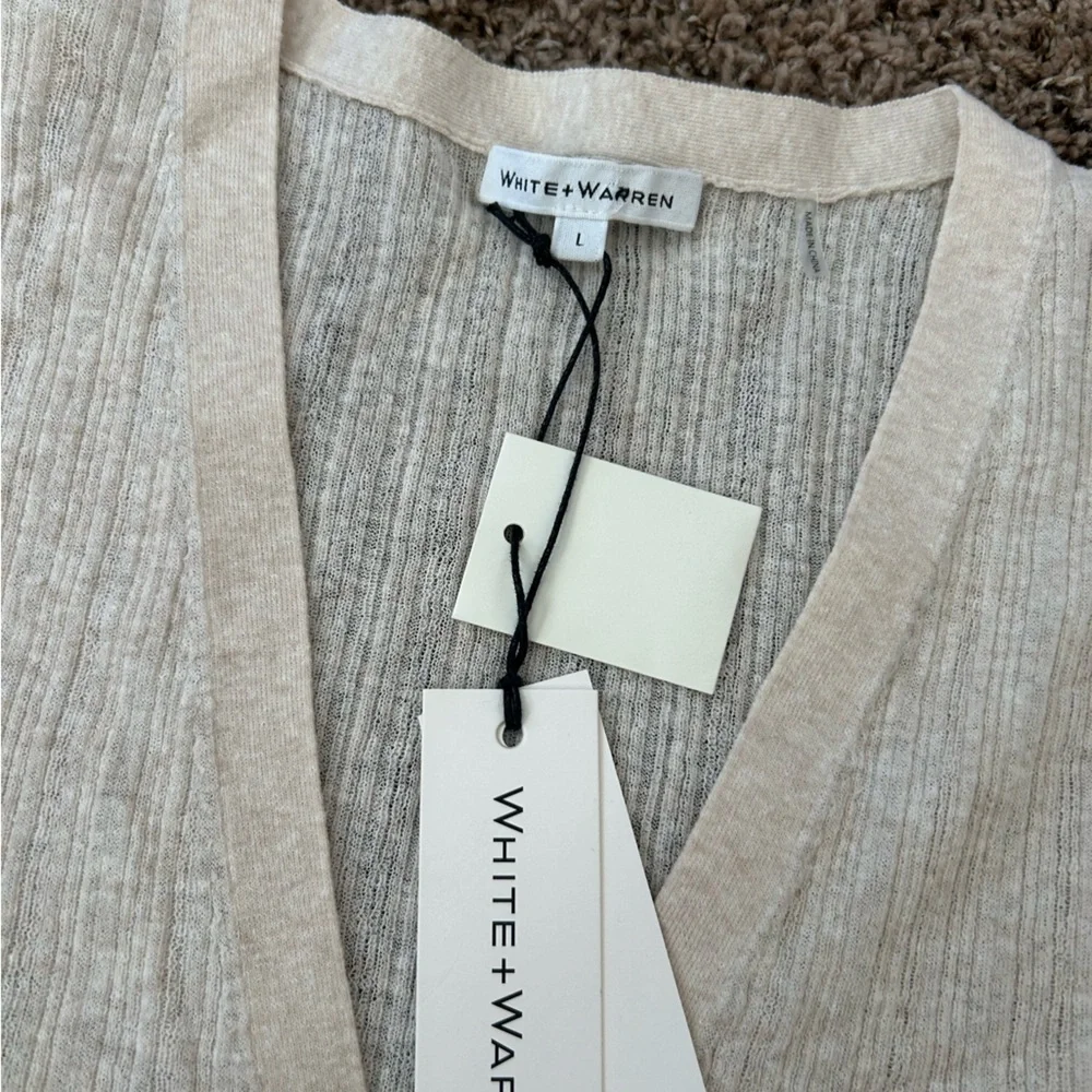 NWT White + Warren Linen Gauze Verigated Ribbed Cardi Top in Oatmeal Heather - Picture 6 of 13